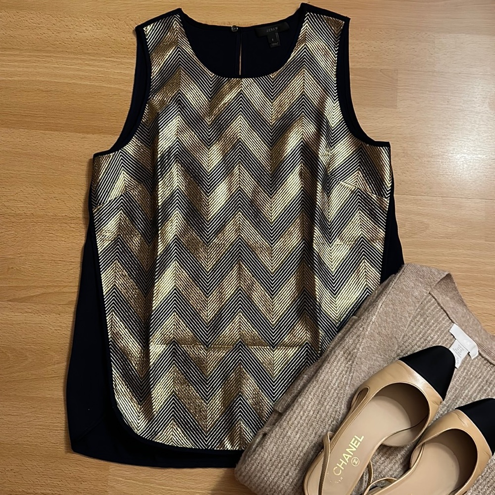 J. Crew navy and gold chevron pattern blouse size 2